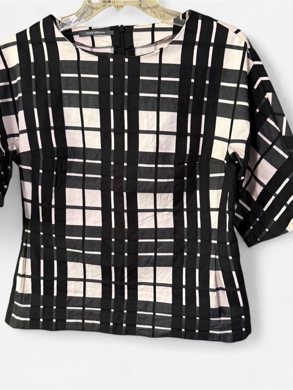 Rene Lezard Black and Blush Plaid Short-Sleeve Top